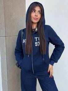 Hitanina 全新字母刺绣休闲学院风时尚舒适女式连帽夹克 - 藏蓝色 - 查看 1