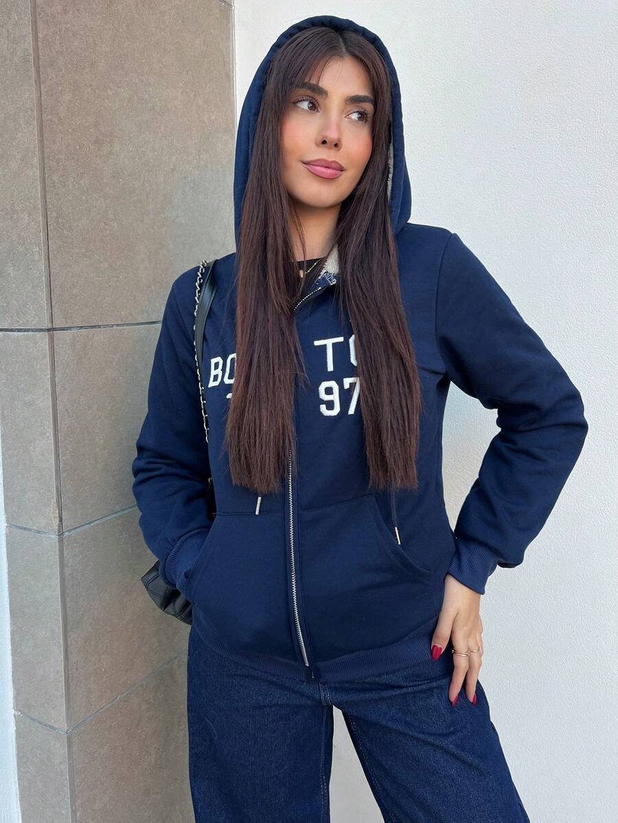 Hitanina 全新字母刺绣休闲学院风时尚舒适女式连帽夹克 - 藏蓝色 - 查看 1