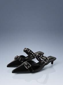 CUCCOO GRLICON Red Pointed Metal Buckle Kitten With New Spice Girl Style Women's High Heels - Black - View 1