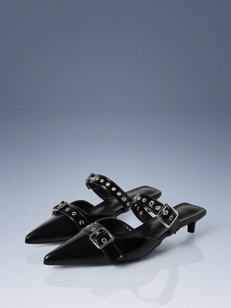 CUCCOO GRLICON Red Pointed Metal Buckle Kitten With New Spice Girl Style Women's High Heels - Black - View 1