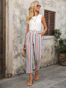 EMERY ROSE Women's Casual Vacation & Commute Contrast Stripe Print Elastic Waist Side Pockets Cropped Pants - Multicolor - View 7