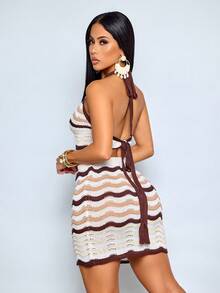 SOLERSUN Women's Spring/Summer Fashion Crochet Long Skirt Set: Striped Halter Neck Tie Knit Top, Striped Fitted Knit Skirt With Slit And Fan-Shaped Hem, Suitable For Everyday Casual Wear, Parties, And The Beach. - Brown - View 2