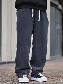 Devon Thys 高端简约百搭直筒洗水牛仔裤，抽绳松紧腰休闲裤，四季皆宜 - 深灰色 - 查看 4