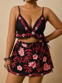 Travachic Plus Size Women Summer Floral Print Shorts Set, Camisole Top With Ruffle Hem Paired With Wrap Skort 2-Piece Outfit - Black - View 7