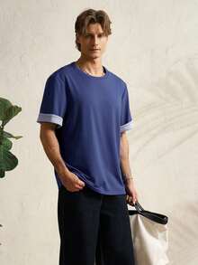 INAWLY Camiseta de manga corta con cuello redondo, de estilo casual y con rayas y parches para hombre - Azul - Ver 4
