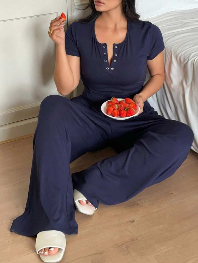 Dazy Plus 2pcs Casual Solid Color Short Sleeve Top And Long Pants Pajama Set, Spring/Summer Home Wear