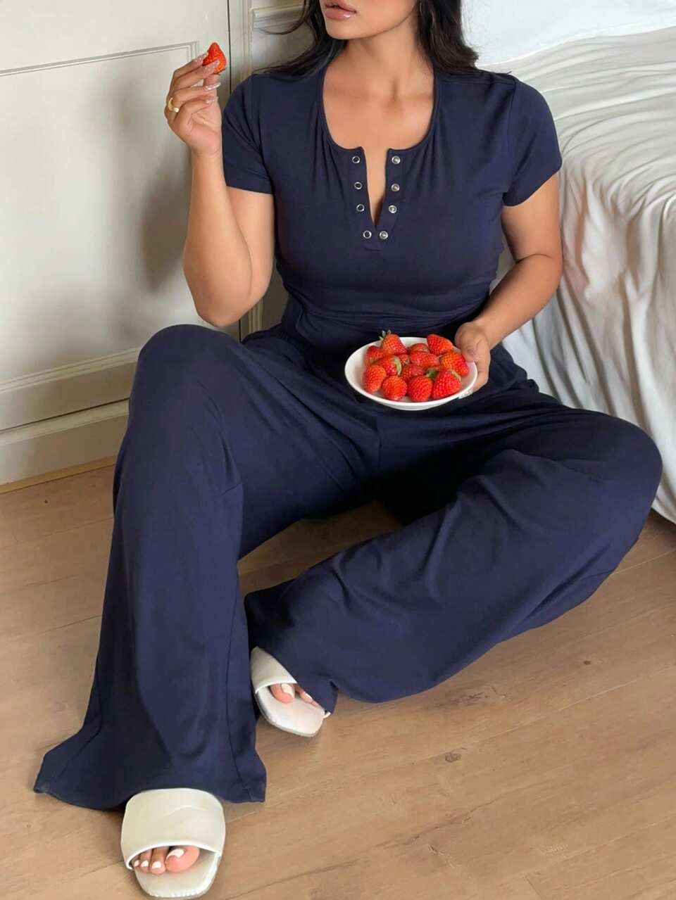 Dazy Plus 2pcs Casual Solid Color Short Sleeve Top And Long Pants Pajama Set, Spring/Summer Home Wear