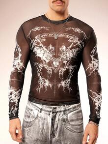 FeverCity Camiseta de manga larga de cuello redondo transparente y ajustada de moda y sexy para hombres - Multicolor - Ver 1