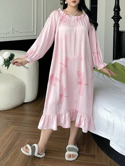 Dazy Plus 大码女式春秋季蜻蜓印花荷叶边吊带喇叭袖宽松睡裙