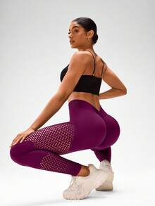 Easithlete 女士扎染网眼高腰运动瑜伽裤 - 中紫紅色 - 查看 4