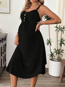 Cheriluna Maternity Maternity Solid Color Ruched Button Design Camisole Nursing Dress - Black - View 5