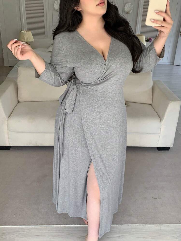 Dazy Plus Plus Size Solid Color Wrap Long Sleeve Nightgown, Comfortable & Casual For Autumn