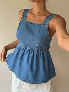 Siren Gaze 女士Y2K露背荷叶边下摆粗肩带牛仔短款上衣 - 中等水洗藍 - 查看 2