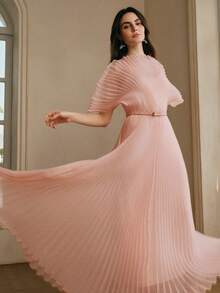 Anewsta Vacation Outfit Dress, Fashionable Pink Batwing Sleeve Mid-Sleeve Cinched Waist Flared Dress Pink Pleated Dress - Pink - View 5