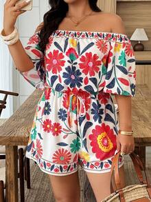 Weeklong Plus Size Women's Off-Shoulder Ruffle Sleeve Printed Romper, Vacation Style, Spring/Summer - Multicolor - View 1