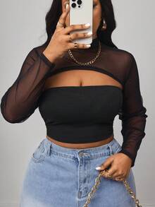 Truni 1 pieza Blusa de malla de punto negra para mujer (excluye el camisón) - Negro - Ver 9