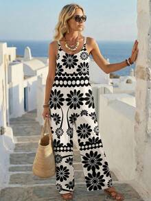 EMERY ROSE Bộ jumpsuit không tay dáng rộng thoải mái, tối giản, phong cách bohemian, thanh lịch, cổ điển, lãng mạn, in hoa, thích hợp cho nữ, phù hợp cho mùa xuân/hè. - Nhiều màu - Xem 3