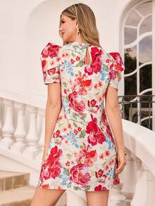 Amorya Fleurora 女款優雅米色花卉提花印花宮廷風短洋裝，夏季復古度假度假風法式度假風早午餐洋裝 - 彩色 - 查看 11