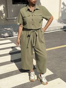 Muchica Plus Size Women's Solid Color Short Sleeve Button Design Cargo Pocket Jumpsuit, Spring/Summer - Army Green - View 4