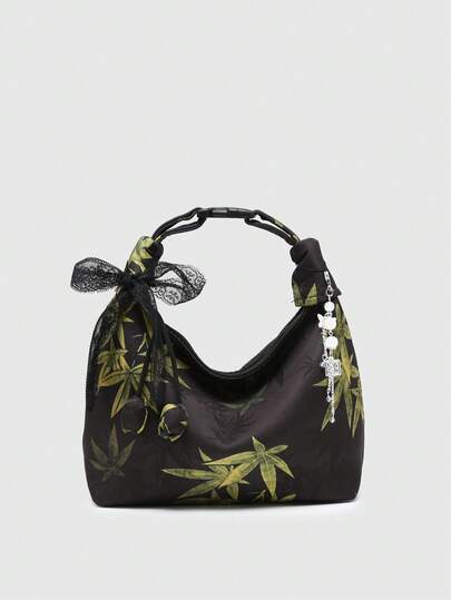 ROMWE Kawaii Bolso de mujer con estilo nacional antiguo, clip de bambú con hoja y pájaro