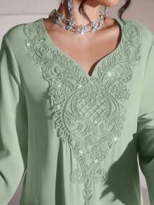 Al Najma Luxurious Embroidered & Beaded Loose Long Sleeve Split Maxi Dress, Turkish & Arabic Traditional Style - Green - View 1