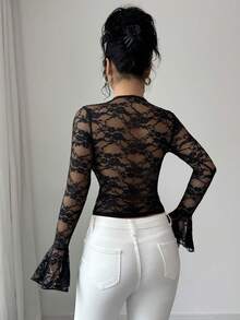 Elenzga Women's Elegant Sexy Sheer Lace Flare Sleeve Blouse - Black - View 2