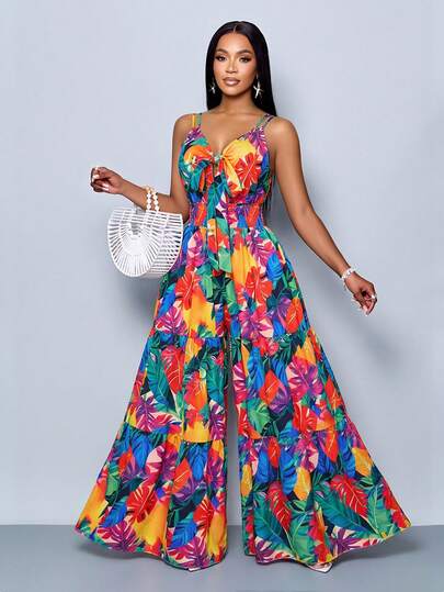 SOLERSUN Women's Sleeveless Tropical Print Ruched Tie Front Waist Cinched Wide Leg Jumpsuit, Bamboo-Joint Paneled Vacation Romper With Cut Out Detail For Island Getaway/Beach Trip (Random Floral)