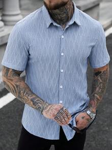 Manfinity CasualCool 男士纯色翻领单排扣休闲百搭日常短袖衬衫 - 藍色 - 查看 5