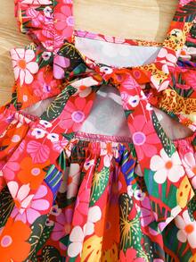 SHEIN Vestido casual con cuello de volantes y estampado floral pequeño para niña - Rosa Fucsia - Ver 3