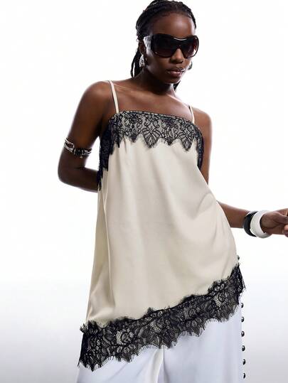 LYSMO Women's Minimalist Asymmetric Hem Lace Camisole Top, Colorblock, Plus Size, Spring/Summer