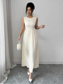 Elenzga Women's Elegant Sleeveless Midi Dress With Pearl Decor, Suitable For Summer Outings, Dates, New Year, Valentine's Day, Easter, Mother's Day, Music Festivals, Middle Eastern Weddings, Casual, Commute, Romantic, Vacation, Apricot Color White Pearl Dress Ivory Dress White Vintage Dress Summer Elegant Dress Cream Dress - Apricot - View 3