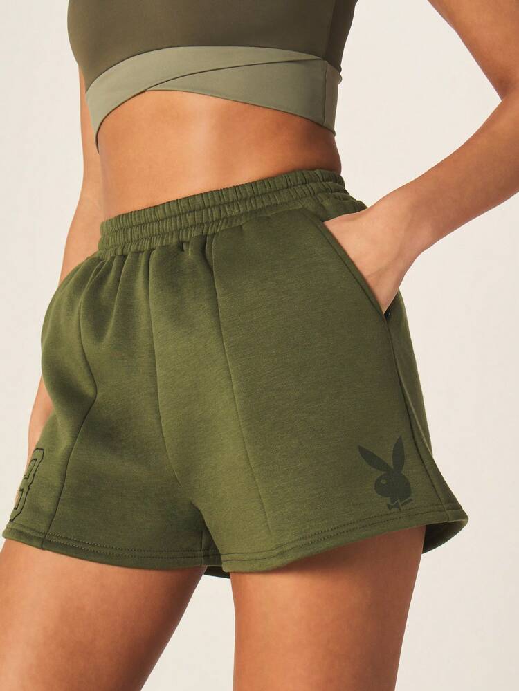 Missguided x Playboy Olive Green Jogger Shorts With Number 53 Print Side Pockets Elastic Waistband Casual Summer Loungewear