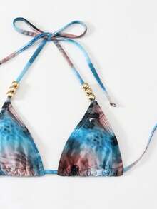 Swim SXY 3pcs Set: Tie-Dye Print Beaded Halter Top, Tie-Front Swim Bottoms, And Mini Skirt Bikini Set - Blue - View 4