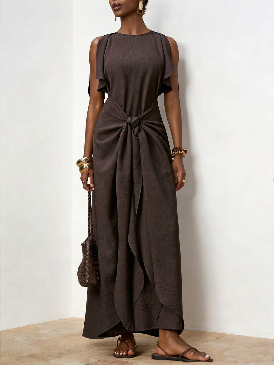 Zivah 2026春夏新品，适合情人节、音乐节、复活节、西部风、游牧风、波西米亚风、纳什维尔风、派对、婚礼、晚宴、约会、聚会、生日、学院风、学生装、日常休闲、百搭基础款、休闲、度假、邮轮旅行、海滩、日光浴、潮流、优雅、通勤、商务休闲等场合。圆领、腰部系带、宽松长裙、深棕色长款连衣裙、春夏连衣裙、派对连衣裙、度假连衣裙、休闲连衣裙、女装