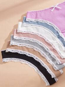 NudeFit 7pcs Women's Assorted Color Comfortable Ribbed Lace Trim Thong Panties Set,High Waist Cotton Wedding Underwear Pack,Multicolor,Summer,Cute - Multicolor - View 3