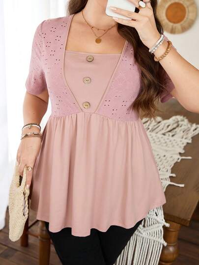 Lacomfia Women's Elastic Jacquard Short Sleeve 2 In 1 Cinched Waist A-Line Casual Comfortable Plus Size T-Shirt