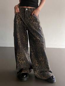 DAZY Women's Casual Loose Straight Leg Jeans, Distressed Leopard Print Design, Relaxed Vacation Style, Spring/Summer - Brown - View 4