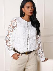 Lilora Stylish White Round Neck Lace Blouse Women's Long Sleeve Regular Fit Top Wedding Summer Elegant - Apricot - View 6