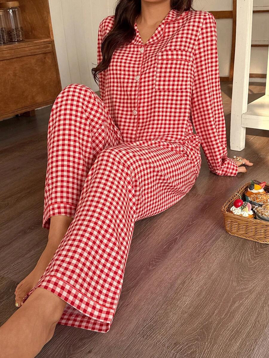 Bubble Textured Plaid Collar Cardigan & Pants Pajama Set - Multicolor - View 1