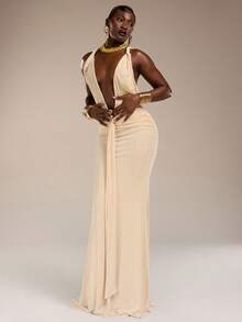 Normani Đầm maxi bóng mượt, gợi cảm, kiểu dáng thắt bím, hở lưng chữ V, thích hợp cho tiệc cocktail dành cho phái nữ. - Màu be - Xem 3