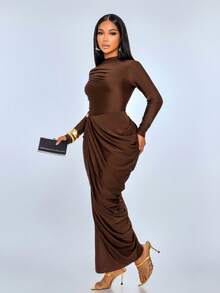 SOLERSUN Sexy Elegant Kink Decorative Buckle Side Stacked Pleated Fake Two-Piece Party Dress - Coffee - View 5