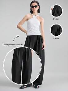 Ontre Damen hochwertige schwarze bequeme, weiche Stoff Hose mit Falten vorne, Seitentaschen, elastischem Bund und weitem Bein, anspruchsvolle urbane Mode für Business-Lässig Bürokleidung, zeitloser eleganter Stil geeignet für Flughafen, Kreuzfahrt, Hochzeiten im Nahen Osten, minimalistische Luxus-Essentials - Schwarz - Übersicht 3