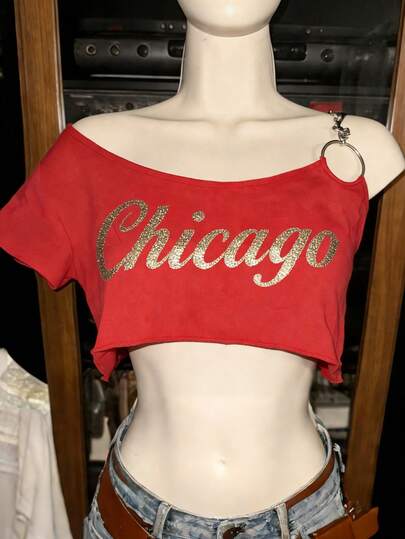 Rina Fox Women's Casual Foil Letter Print Round Ring Decor Cropped Top