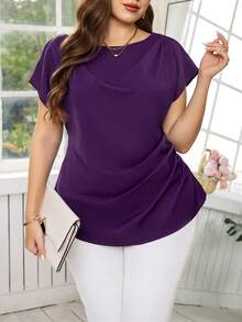 Reflora Plus Size Solid Color Boat Neck Draped Short Sleeve Blouse, Elegant Summer - Purple - View 3