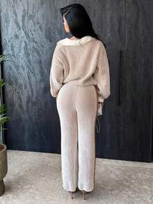 Vassilux 2pcs/Set Women Polo Collar Patchwork Contrast Color Pullover Sweater Top + Long Pants Suit, Autumn/Winter - Mocha Brown - View 2