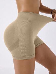 Dewbera Pantalones cortos deportivos sin costuras de cintura alta con estampado de letras - Caqui - Ver 4