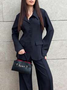 Hitanina 女士杏色厚面料V领西装外套设计黑色撞色纽扣假口袋教师制服优雅职业装，感恩节万圣节氛围，秋季新款时尚必备高端端庄长袖收腰宽松直筒裤两件套 - 黑色 - 查看 6