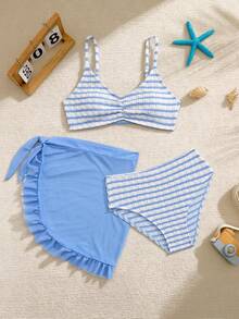 3件套女童蓝白针织纹理夏季沙滩条纹泳衣套装，度假休闲 - 藍色 - 查看 1