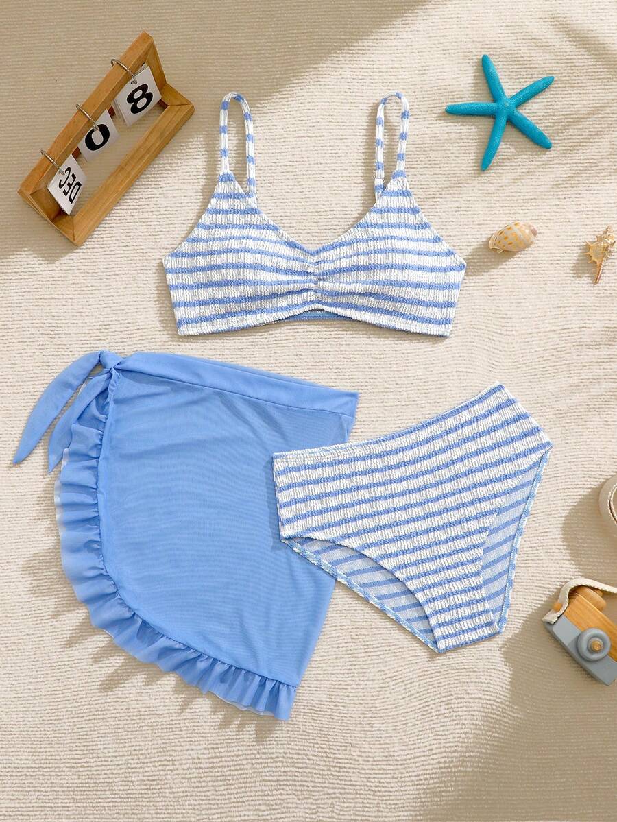 3件套女童蓝白针织纹理夏季沙滩条纹泳衣套装，度假休闲 - 藍色 - 查看 1