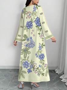 SHEIN Najma 女士花卉枝条几何刺绣复古印花V领长袖优雅阿拉伯风格长款连衣裙，春夏款 - 彩色 - 查看 2